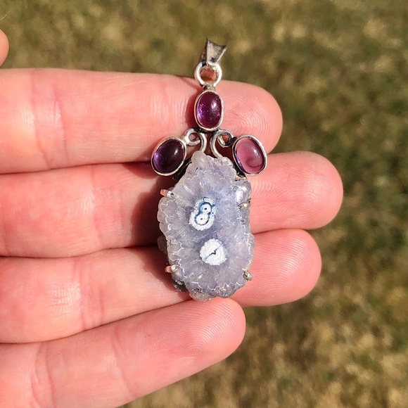 Vintage Solar Quartz & Amethyst Sterling Silver Necklace Pendant - Picture 4 of 4